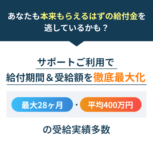 あなたも本来もらえるはずの給付金を逃しているかも？ サポートご利用で給付期間＆受給額を徹底最大化 最大28ヶ月・平均400万円 の受給実績多数