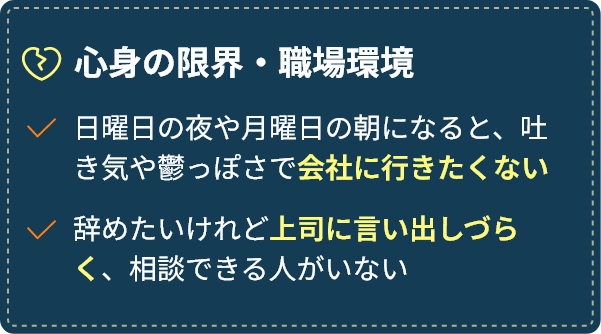 心身の限界・職場環境：日曜日の夜や月曜日の朝になると、吐き気や鬱っぽさで会社に行きたくない。辞めたいけれど上司に言い出しづらく、相談できる人がいない